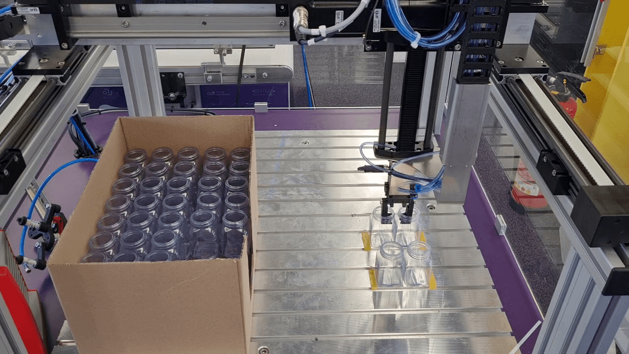 Gantry robot sorts plastic cups into cardboard box